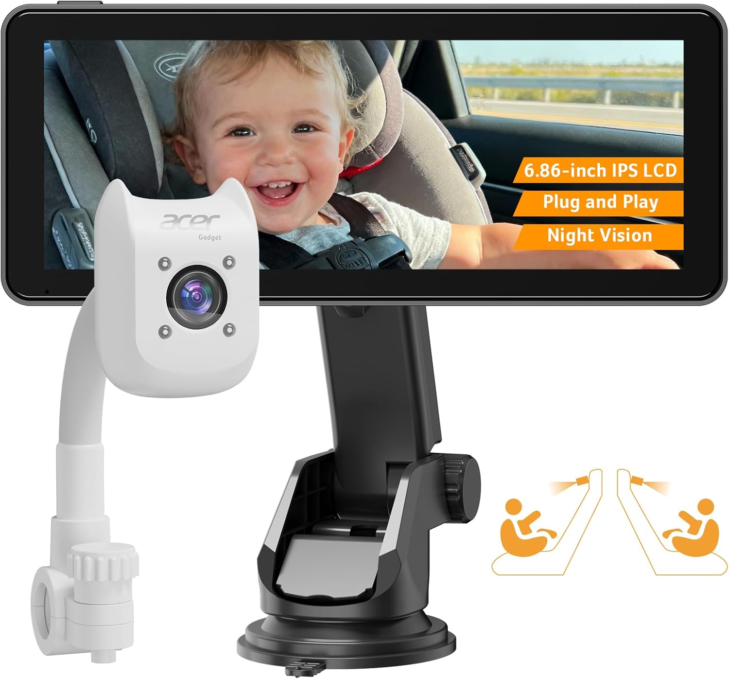 Acer Gadget Baby Car Camera Rear Facing -1080P Car Seat Camera with 940nm Night Vision, 360° Rotating Carseat Mirror, Easy Install, Wide HD View for Infant Safety & Peace of Mind