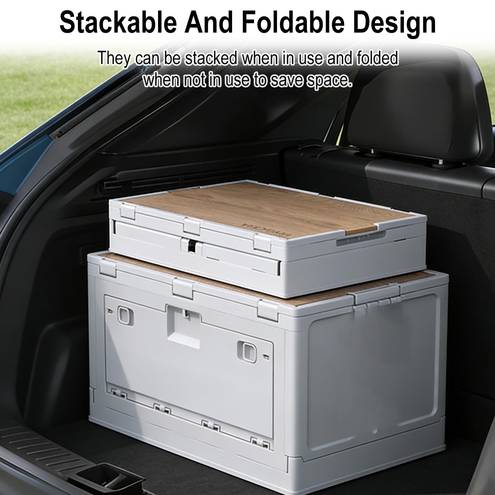 Plegable con tapa de madera, contenedor portátil de apertura de 2 vías, apilable, para camping, hogar, uso al aire libre (mamá)