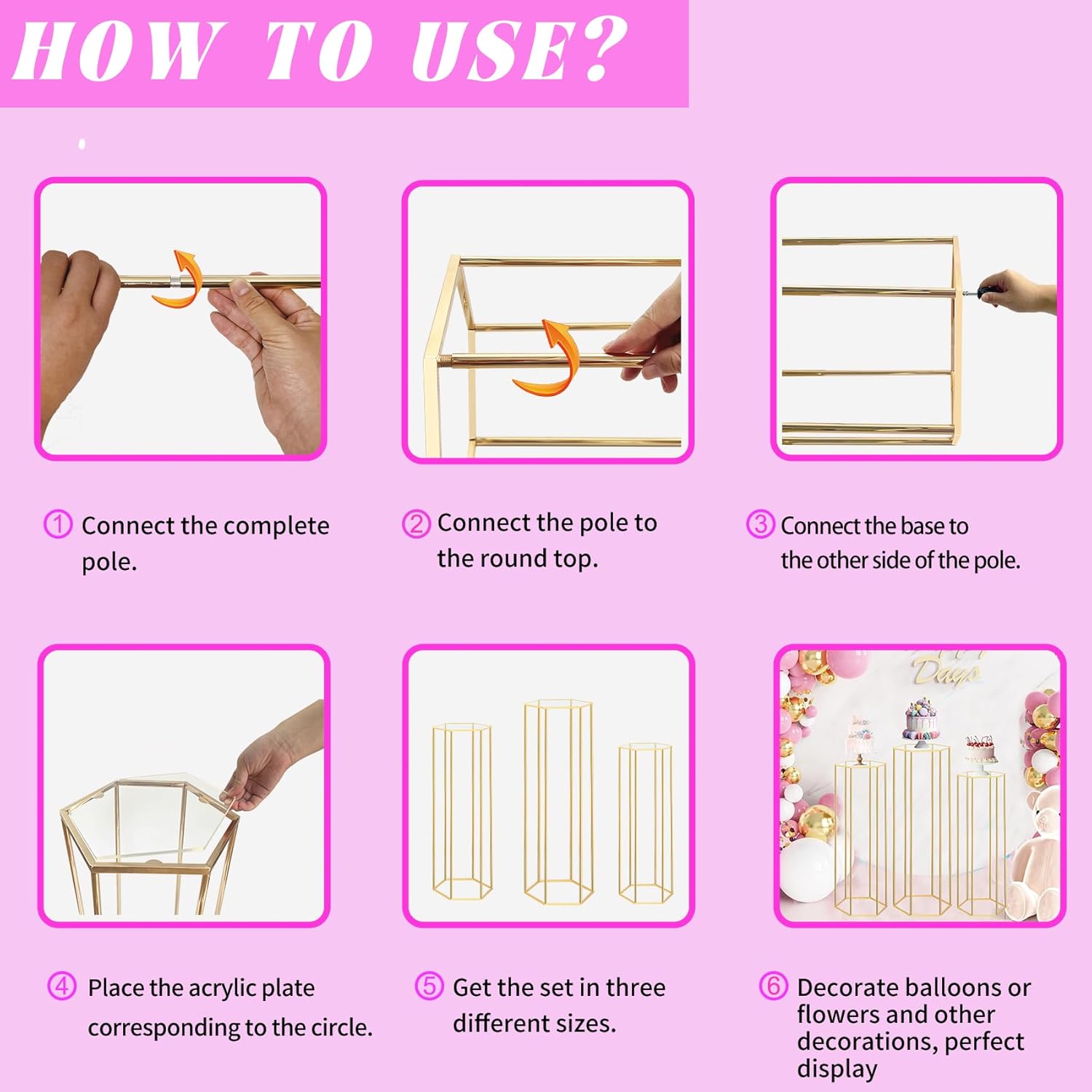 Cylinder Pedestal Stands for Party, 3 PCS Hexagon Gold Metal Plant Round Cylinder Stands for Party Flowers, Display Pedestal Stand Cylinder Tables for Vases Birthday Party Backdrop Decorations