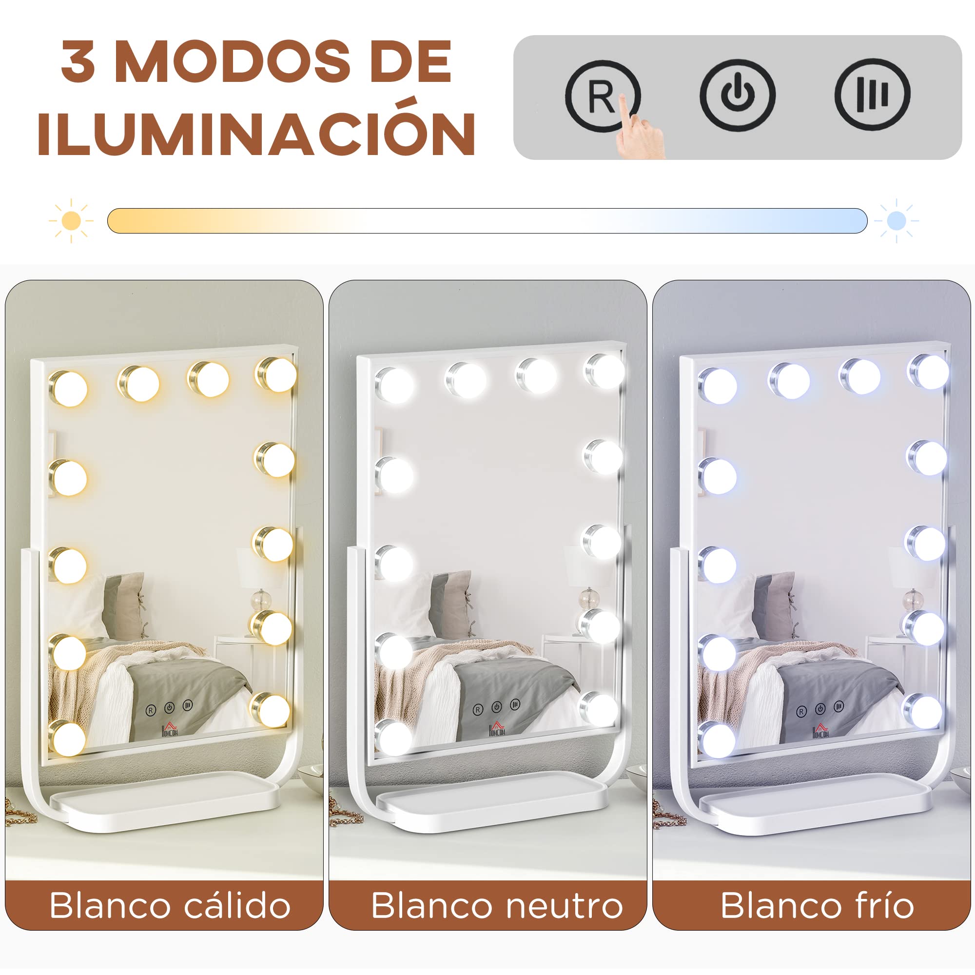 HOMCOM Espejo de Maquillaje con Luz 12 LED 32,8x11x47,4 cm Blanco | Espejo Hollywood de Mesa, 3 Modos, Luz Ajustable, Pantalla Táctil, Función de Memoria, Dormitorio, Baño