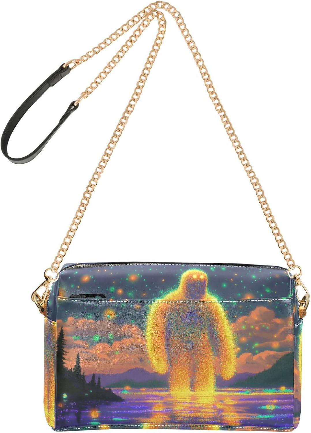 Women Crossbody Bag Shoulder Handbag Cellphone Purse Surreal Sasquatch Print, PU Leather Metal Chain Strap Water Resistant Zipper Closure