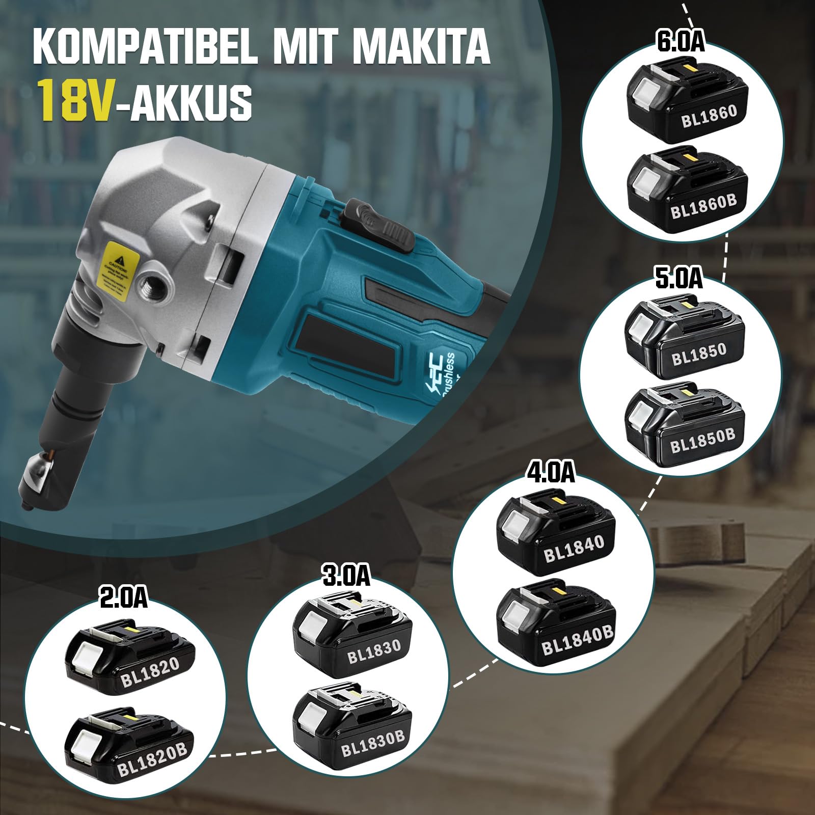 Knabber Blechknabber Kompatibel mit Makita 18V Akku, 800W 2200 U/min Bürstenlose Elektrischer Blechschere Metallknabber mit 360° drehbarer Knabberkop zum Schneiden von Edelstahl, Aluminium(ohne Akku)