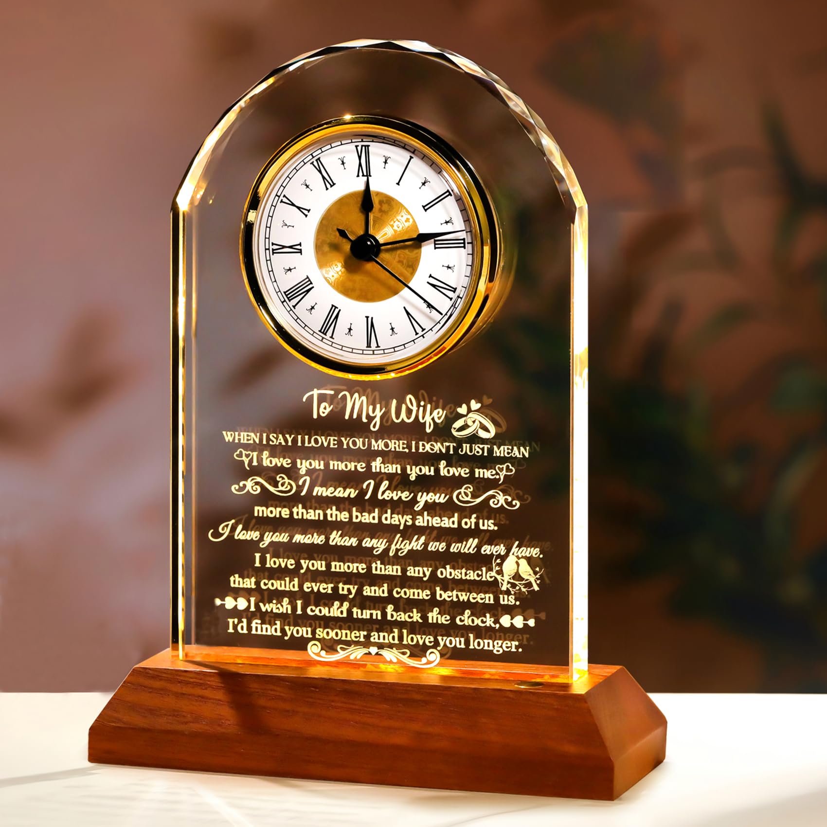 Gifts for Wife from Husband - Crystal Clock with Wooden Light Base