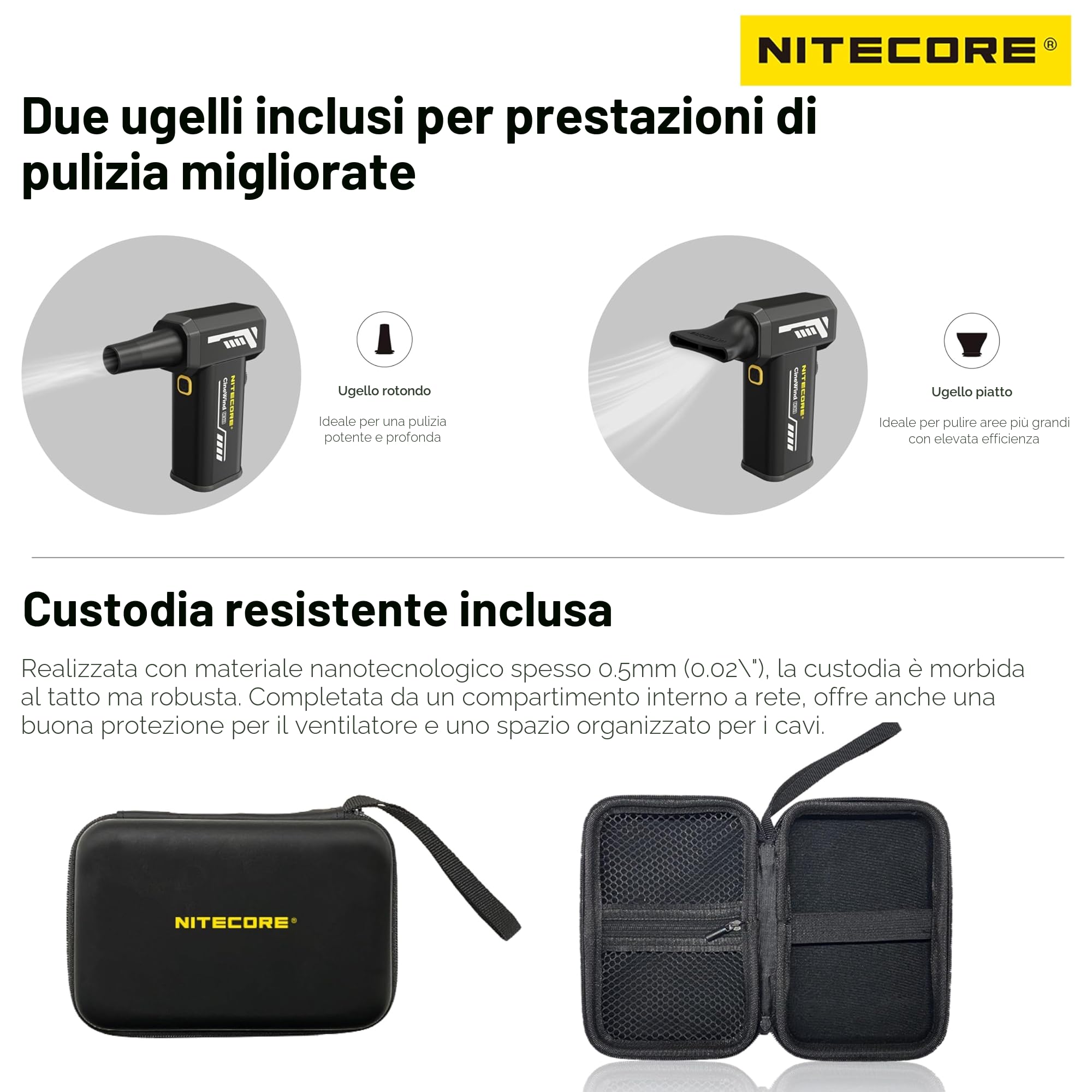 Nitecore CW20 Ventilatore tascabile Fotografia con ugello piatto, ugello rotondo, custodia
