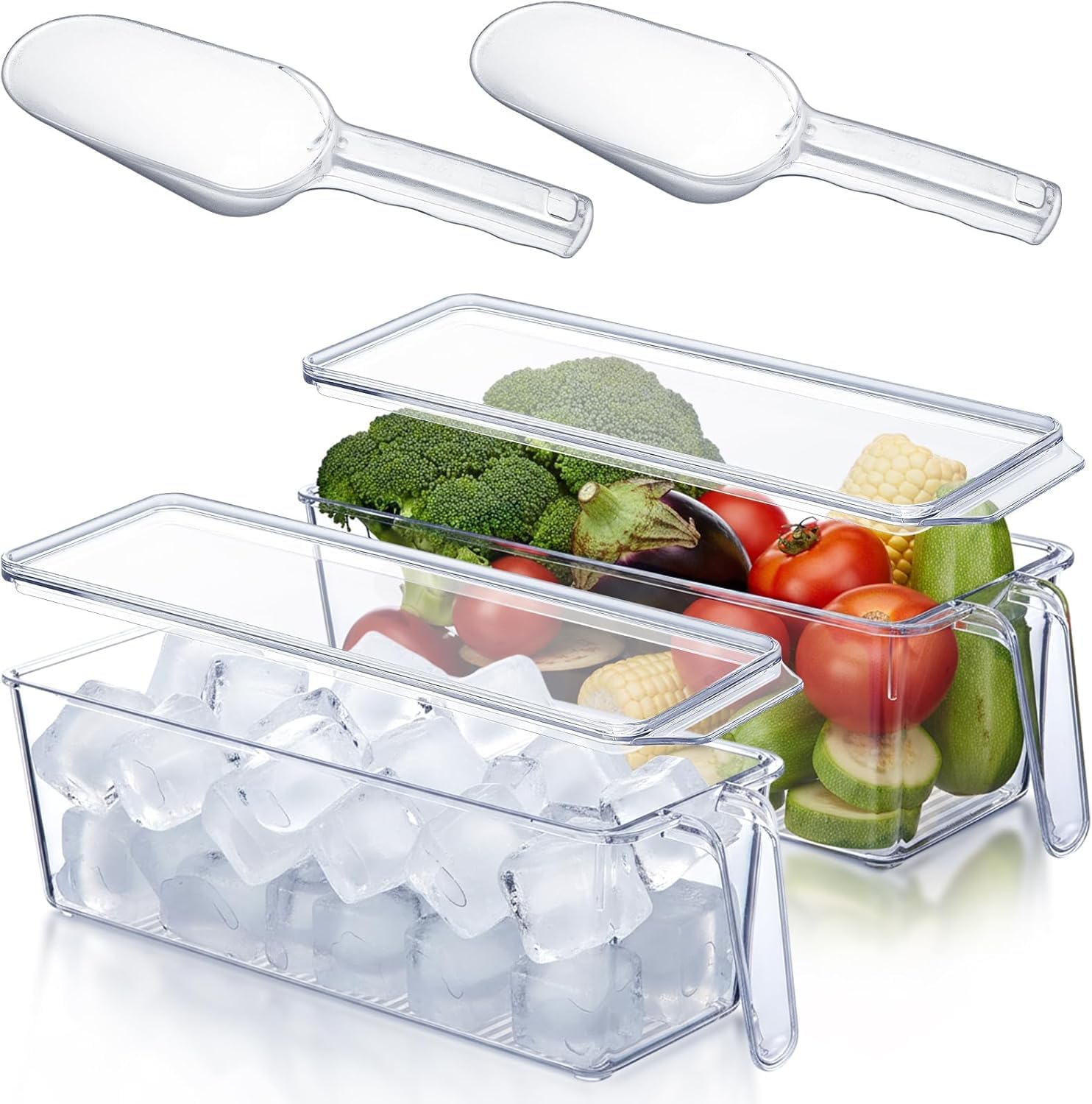 Ice Storage Bin for Freezer with Lid and Flexible Scoop Set