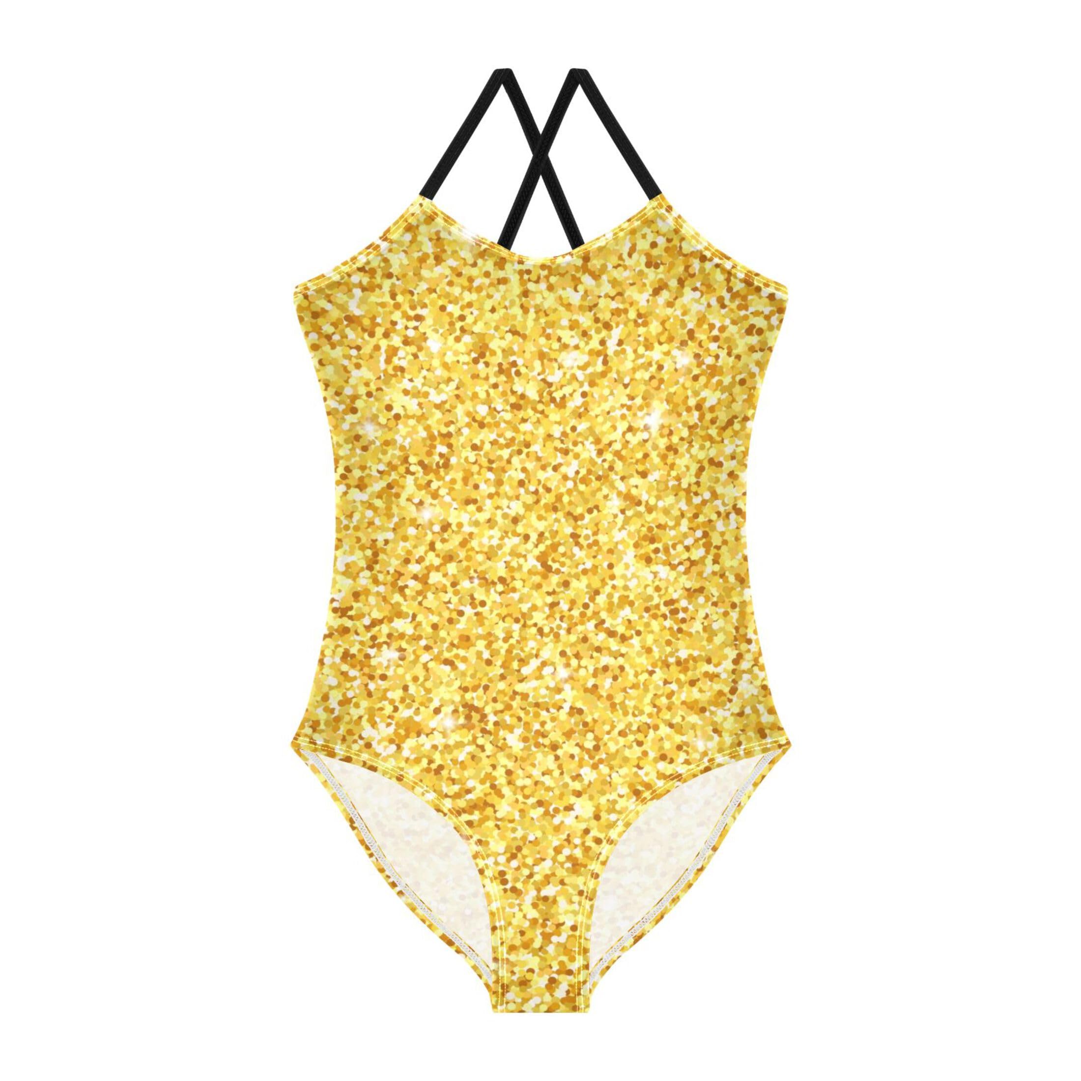 Vozoza Gold Glitter Little Girls One Piece Swimsuits Bathing Suit Beach Wear Kids Swimsuit Size 5-6t