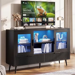 30", 32", 40", 45", 50" Inch TV Stand with LED Lights and Power Outlet, Modern Entertainment Center with 8 Drawers, TV Cabinet Media Console Table with Storage for Living Room, Bedroom