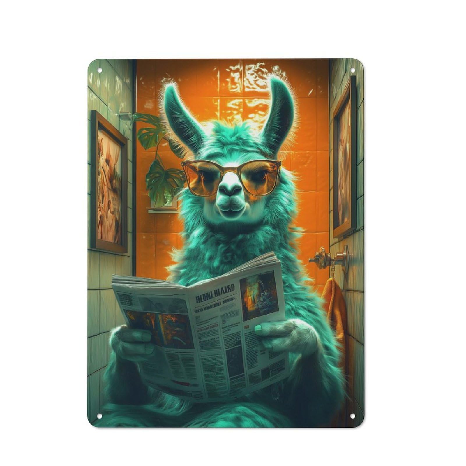 Junmoney Style-2 Llama Reading Newspaper In Bathroom Barn Style Metal Wall Decor 40X30cm, Country Metal Sign For Kitchen, Cottage, Porch Or Garden Room