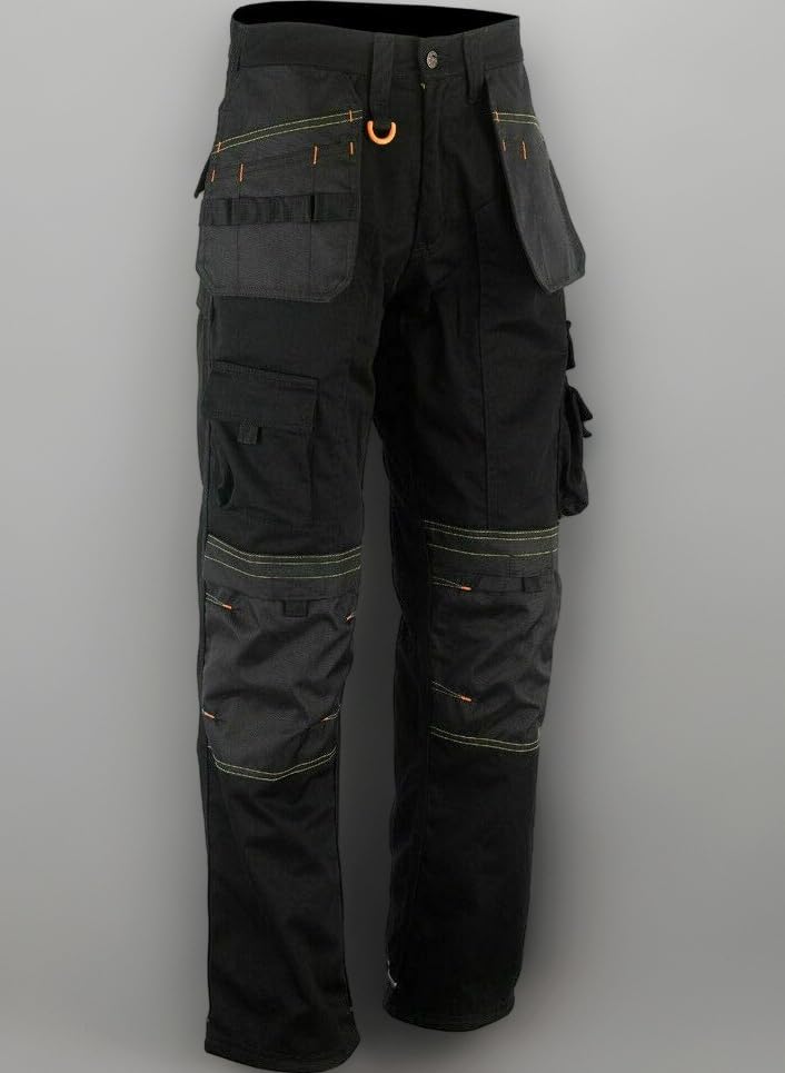Men Holster Work Trousers Black - Heavy Duty Safety Combat Cargo Pants - Multi Pockets - Knee Pad Pockets - Triple Stitched - Durable Workwear