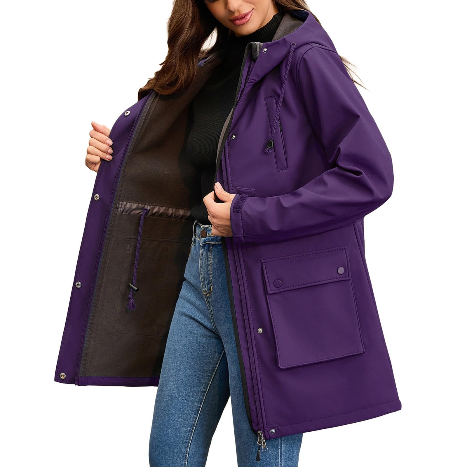 Generisch Trench da donna lungo con cappuccio, impermeabile, in softshell, antivento, per le mezze stagioni, traspirante, con cappuccio, giacca funzionale, elegante cappotto leggero per attività