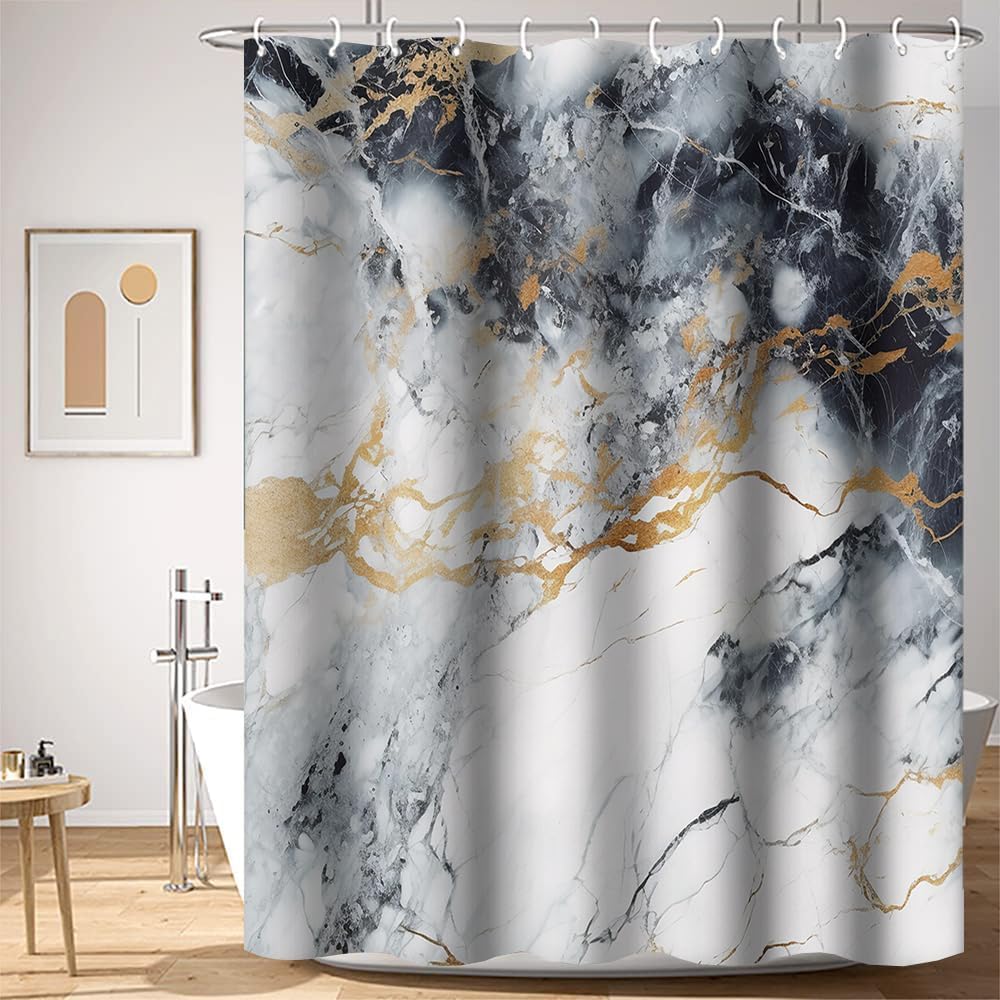 Abstract Marble Shower Curtain Black Grey Gold Watercolor Ink Painting Art Bathtub Shower Curtain for Bathroom Decor Waterproof Texture Washable Fabric Shower Curtain, 72x78 Inch