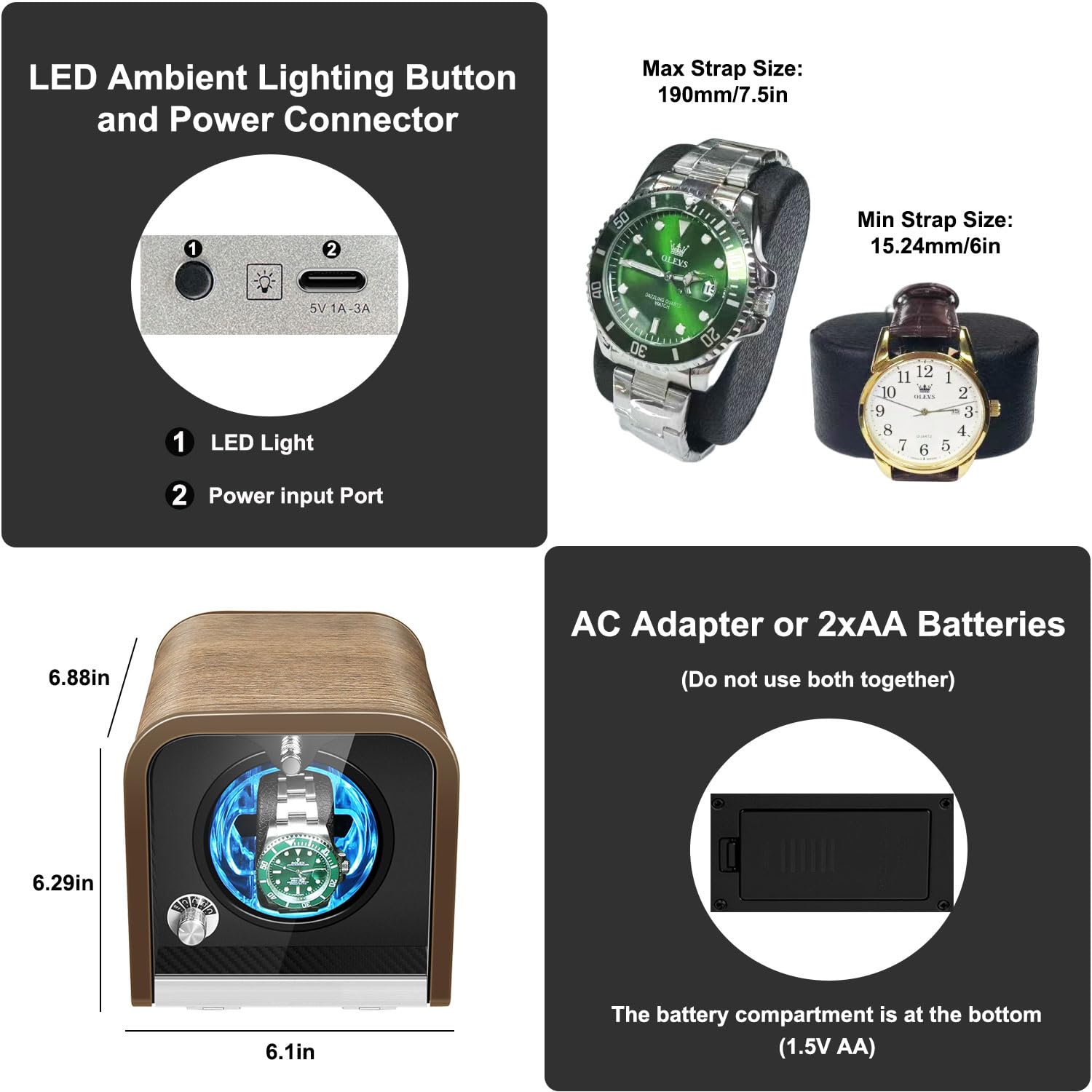 Watch Winder for 1/2/4 Automatic Watches,with Super Quiet Motor, Flexible Watch Pillows