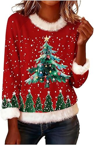 Christmas Sweatshirts for Women Casual Fuzzy Faux Fur Trim Fancy Long Sleeve Pullover Loose Fashion Printed Tops