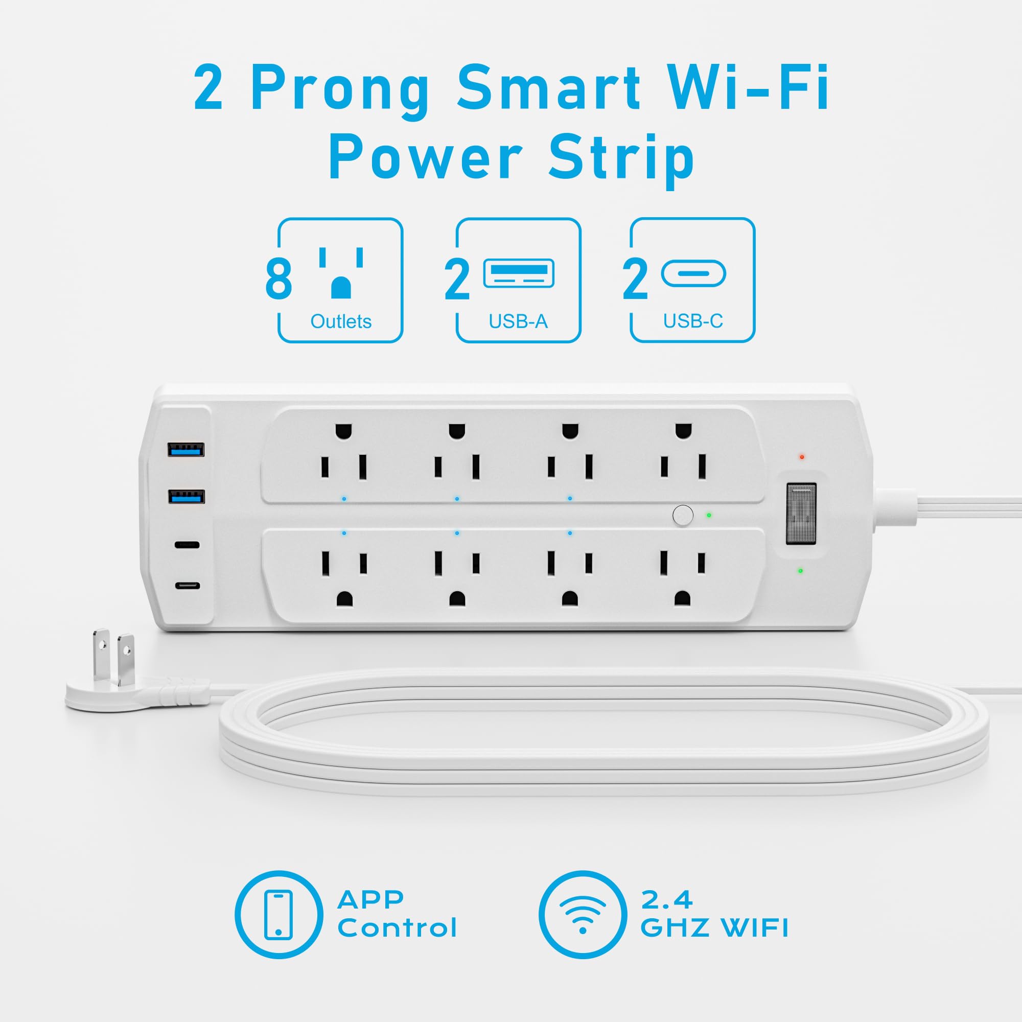 2 Prong Smart Plug Power Strip, Yozisital 2 Prong to 3 Prong Outlet Adapter, Surge Protector 2000J, 5 FT Flat Plug Extension Cord with 8 Outlets 4 USB Ports(2 USB C), Wall Mountable, White