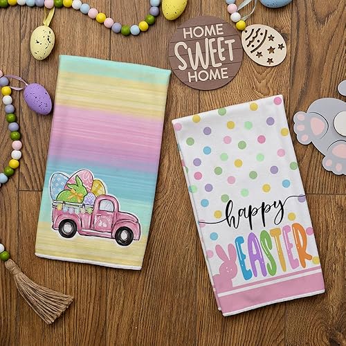 Miniatura 3 de ARKENY Juego de 2 paños de cocina de Pascua, diseño de lunares, conejito, huevos, color rosa, 18 x 26 pulgadas, para decoración de primavera de