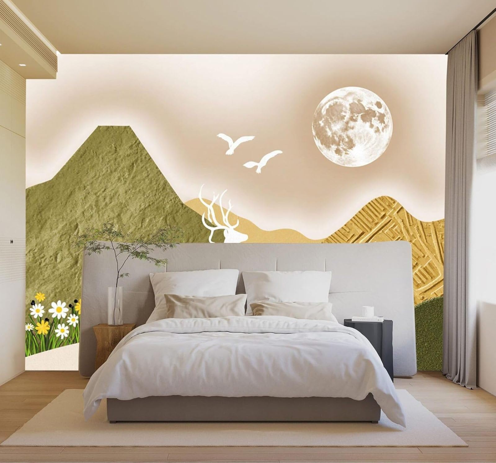 3D Carta da Parati Cervo Bianco Luna Montagne Fiori Di Campo Sentiero