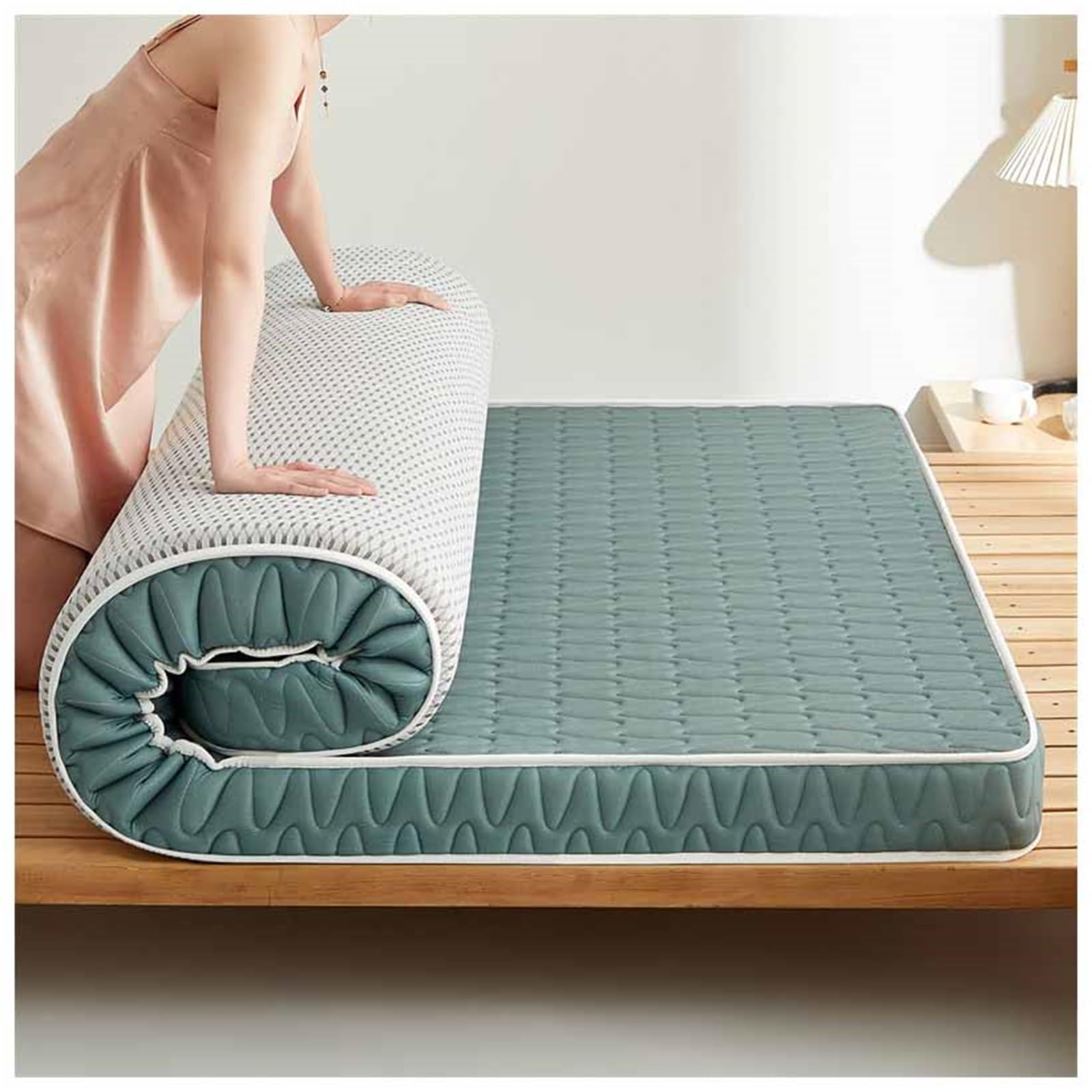 Futón plegable de estilo japonés, fácil de almacenar, perfecto para espacios pequeños y camping, verde, 180 x 200 cm, cómodo, portátil, compacto, ideal para el hogar y los viajes.