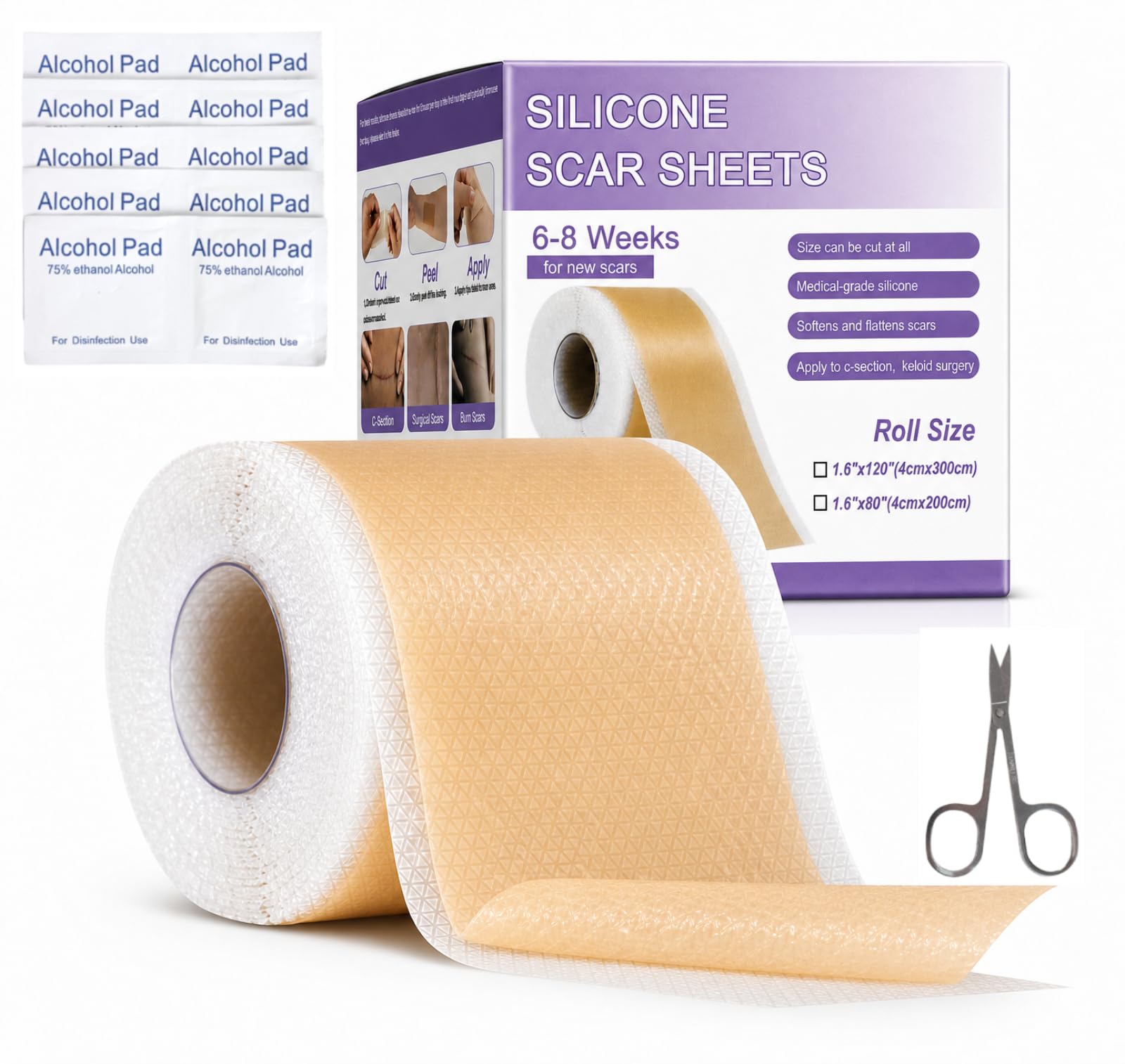 Silikon Narbenpflaster 300 cm x 4 cm mit 10 Alkoholtupfer & 1 Schere, Vorgeschnittenes 5cm Easy-Tear Silicone Scar Tape, Silikonpflaster für Narben, Wiederverwendbar Wasserdicht Narbenroller