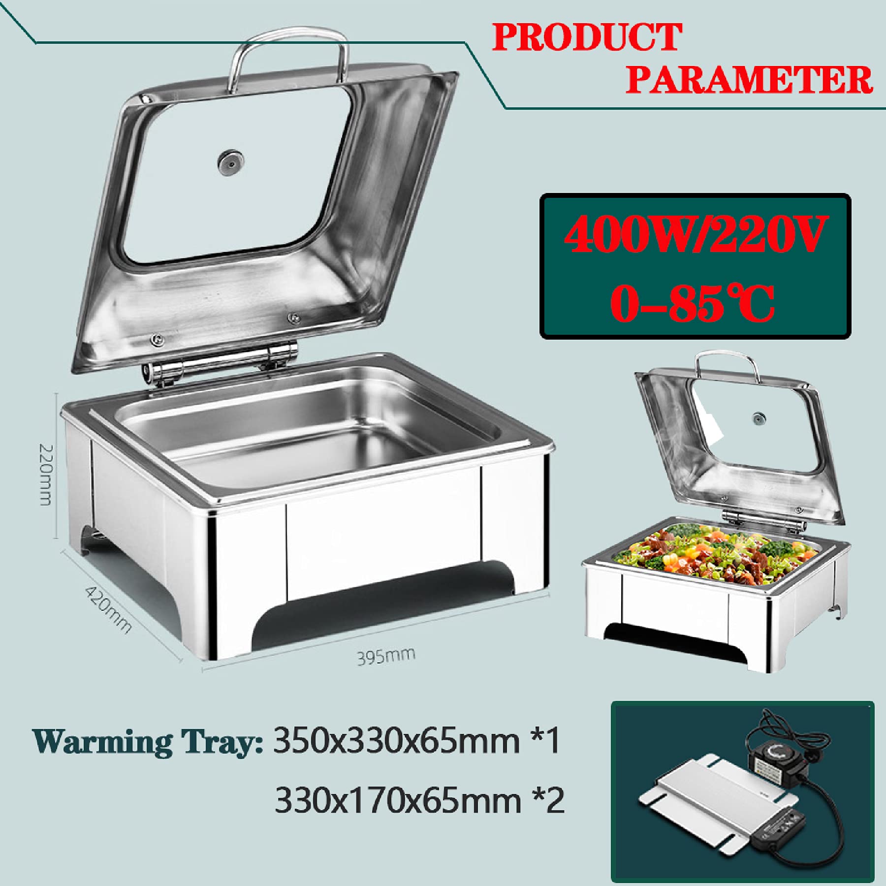 Calentadores eléctricos de alimentos, platos de acero inoxidable de 6 L con tapa para catering y fiestas, servicio de bufé de grado comercial, diseño cuadrado