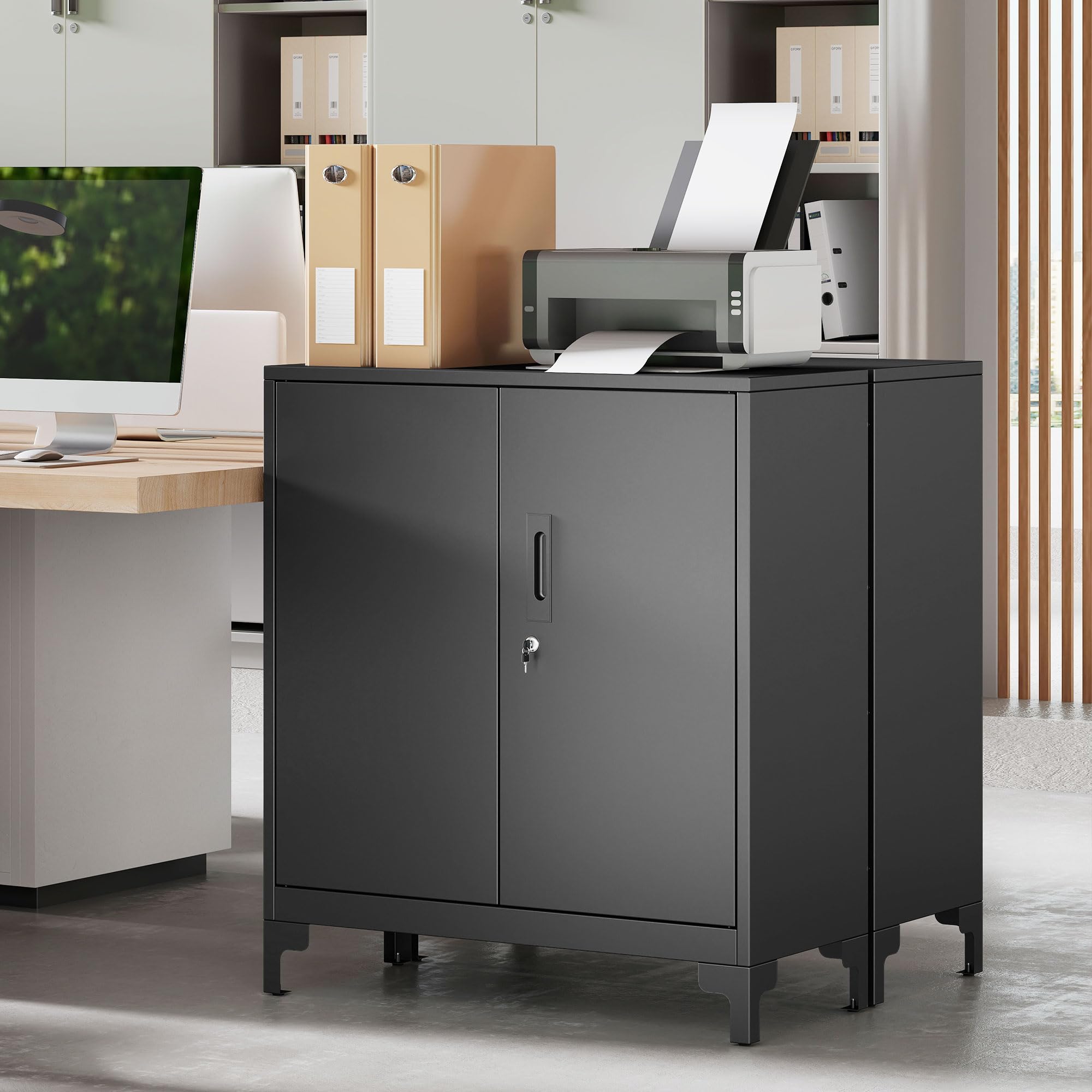 HOMCOM Armoire de Bureau à 2 Niveaux, Meuble de Rangement Bureau métallique avec 2 Portes verrouillables, Armoire à dossiers pour Domicile, Garage, 80 x 35 x 91 cm, Noir
