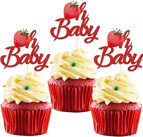 Miniatura 6 de 24 piezas de decoración para cupcakes de fresa con purpurina y bayas dulces para temática de bayas y fresas para niños, cumpleaños, fiesta de