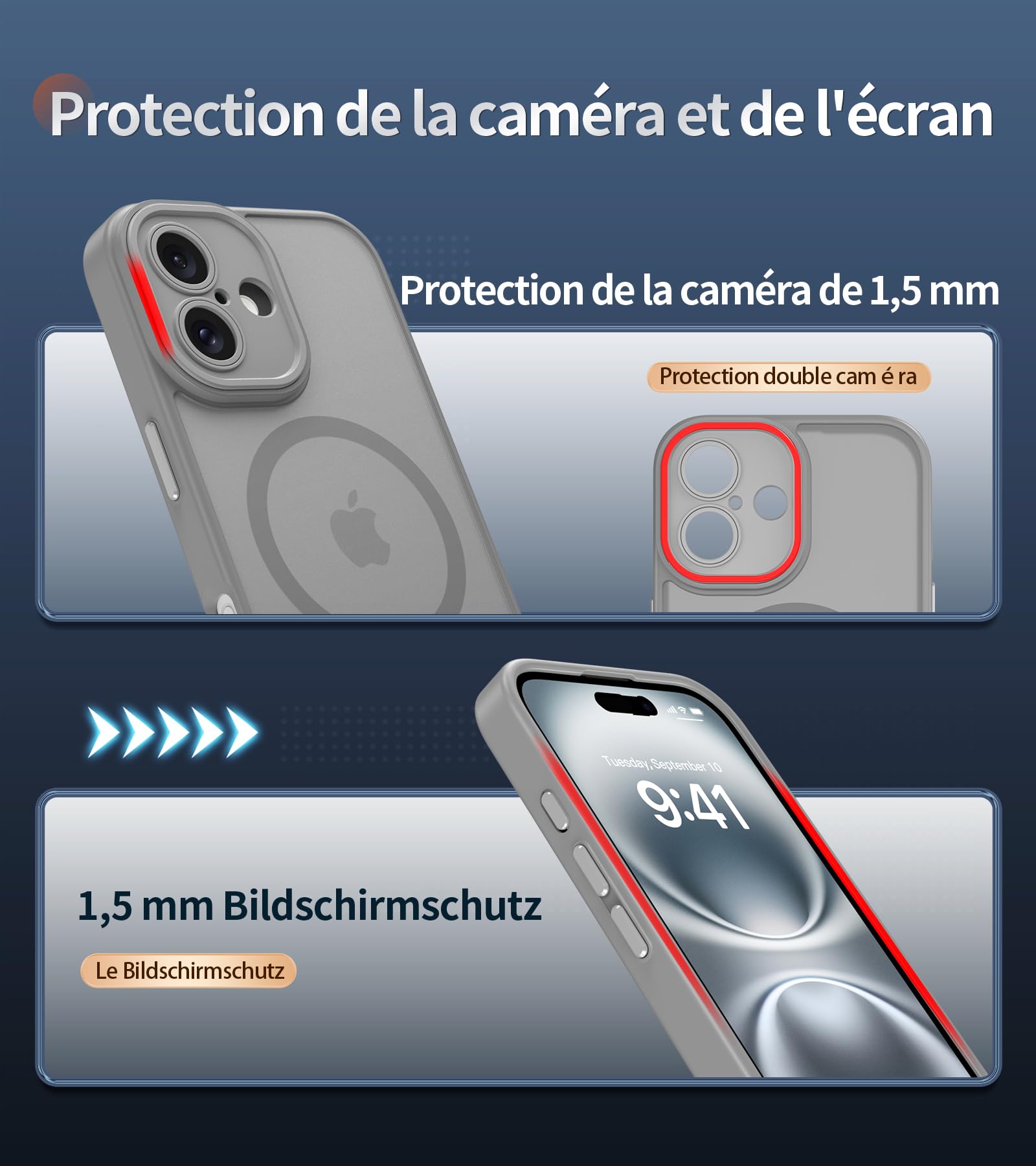 FLLAO Cover Magnetica per iPhone 16 Custodia e 2 Pellicole in Vetro Temperato, Cover iPhone 16 Compatibile con Magsafe, Traslucida Opaca Posteriore Sottile Antiurto Protettiva Case, Grigio