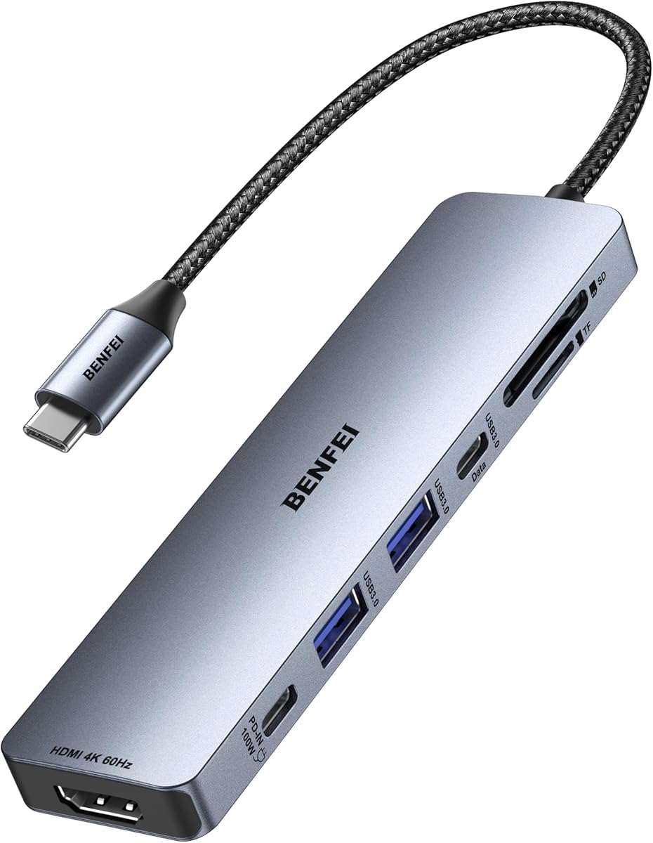 7-in-1 USB C Hub with HDMI(4K@60Hz), 2 USB-A, 1 USB-C Data, 100W Charge, SD/TF Card Reader, Silicone Tangle-Free Cable Compatible with MacBook Pro/Air, iPad Pro, iMac, iPhone 15 Pro/Pro Max