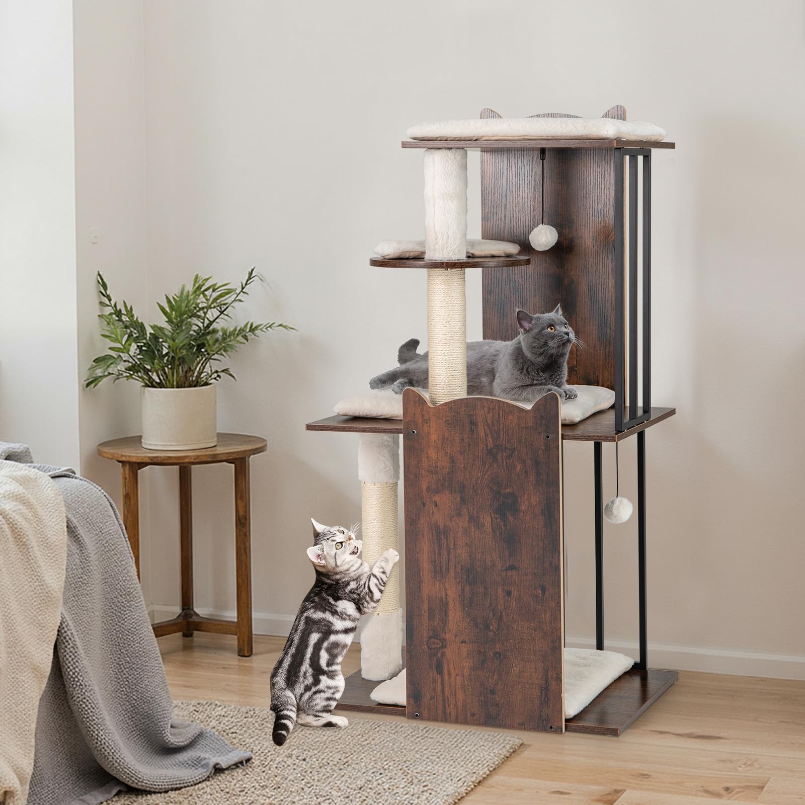 COSTWAY Albero per Gatti Alto 112 cm, Tiragraffi per Gatti in Legno con Posti a Grattare in Sisal, Palline Appese, Cuscini Morbidi Rimovibili e Lavabili, Tiragraffi Gatto per Arrampicata