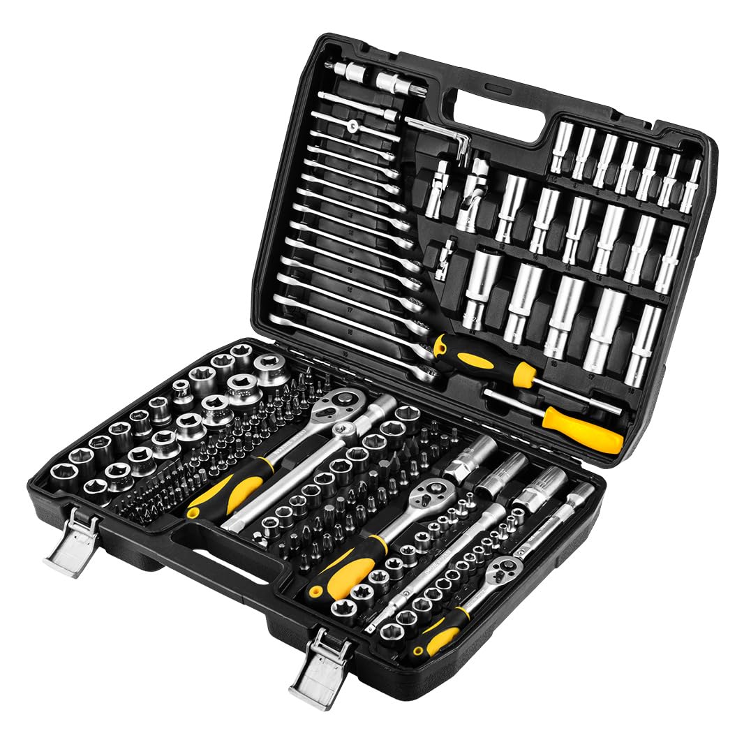 TOPEX Coffret Clés à Douilles 219 Pièces Jeu Complet 1/2 3/8 1/4 Acier CrV Cliquets Douilles Embouts E TORX Rallonges Adaptateurs Clés Mixtes avec Mallette 38D853