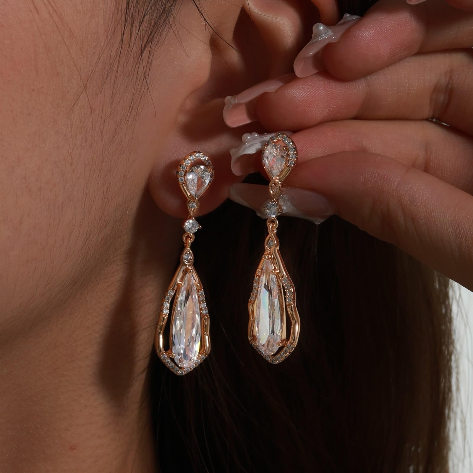 Orecchini in oro rosa 9 K/14 K/18 K, gioielli autentici con gocce di moissanite, eleganti lacrime in oro rosa Au 375/585/750