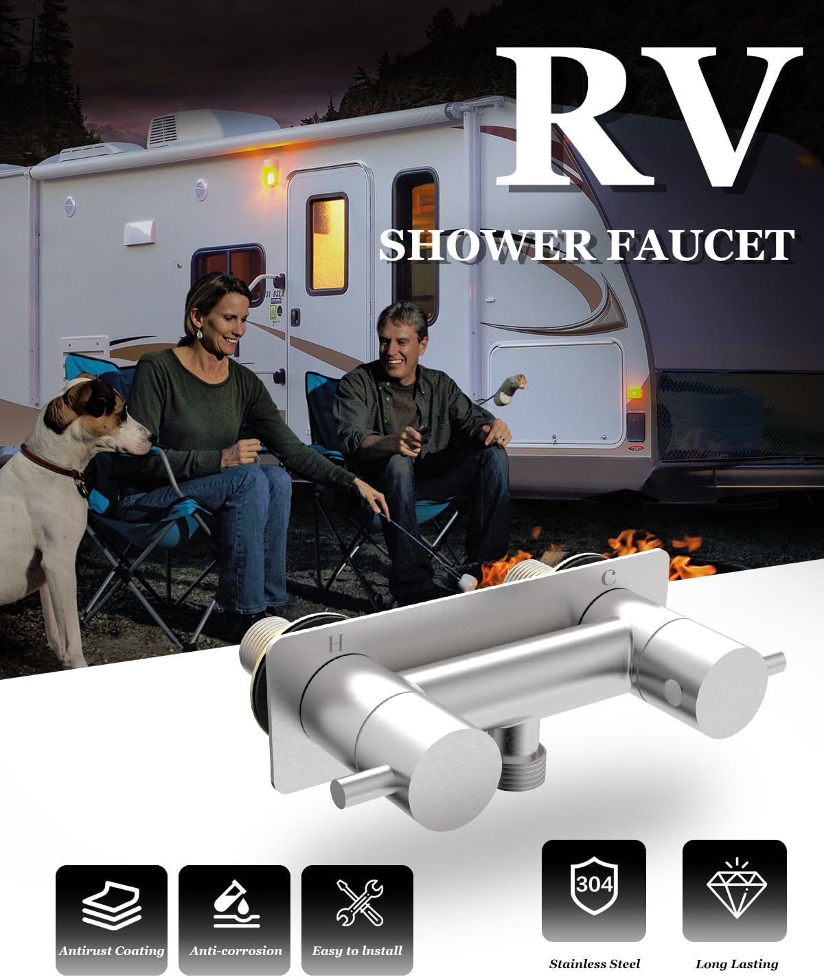 RV Shower Faucet with Shower Head and Hose, TONNY Metal Camper Shower Faucet Valve Diverter, 4'' RV Shower Faucets Replacement with Handheld Showerhead for RV Camper Motorhome Trailer, Brushed Nickel