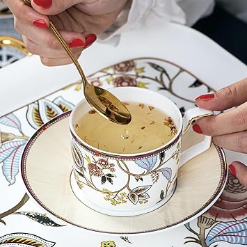 8-piece bone china dinnerware set,floral pattern round dinner plates, fine dish set with coffee cup for dinning, suitable for microwave, oven and dishwasher (L03)