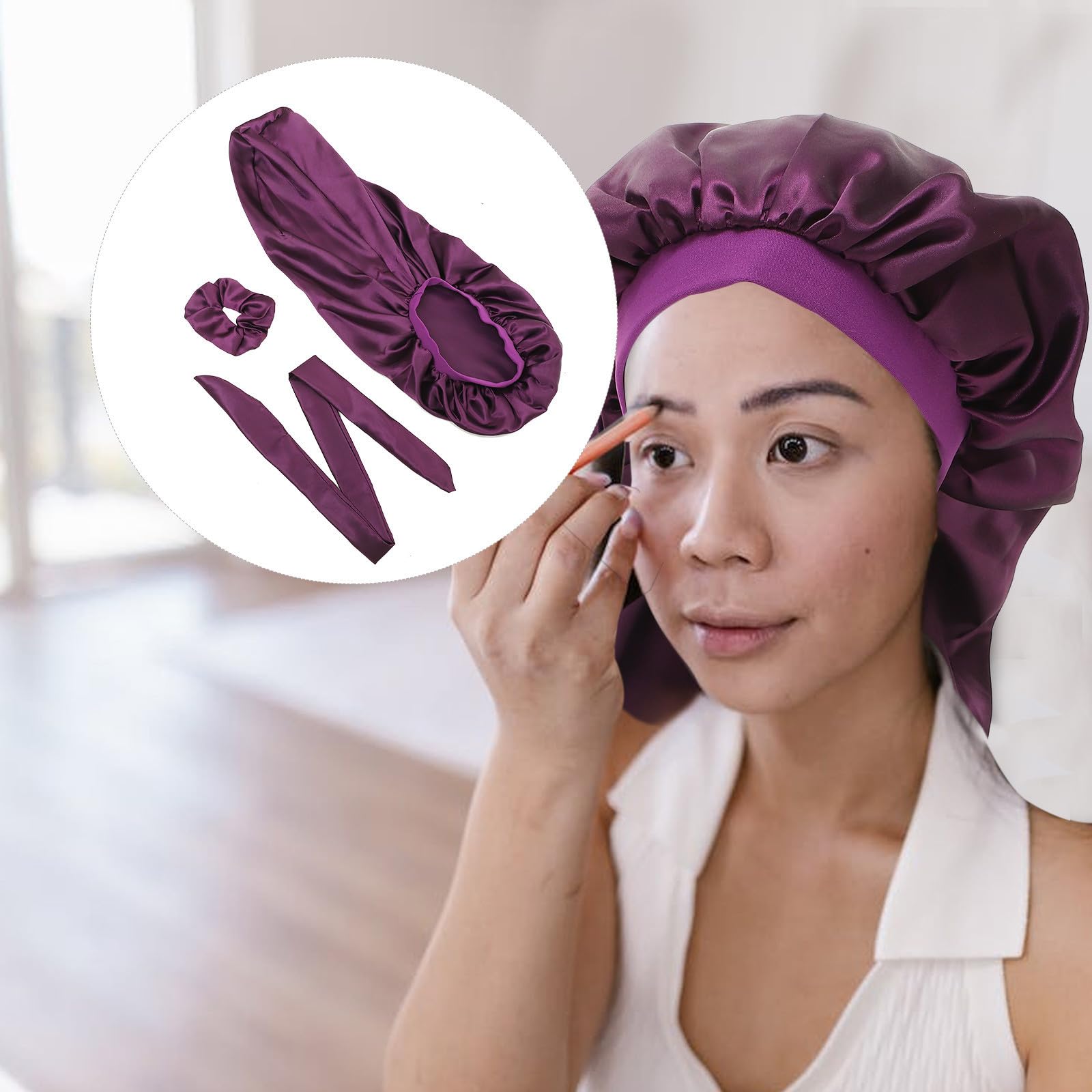 Toyvian Bonnet de Nuit Bonnet Long Élastique Confortable pour Cheveux Bouclés en Satin Protège les Cheveux Pendant le Sommeil Tâches Ménagères, Couleur Pourpre
