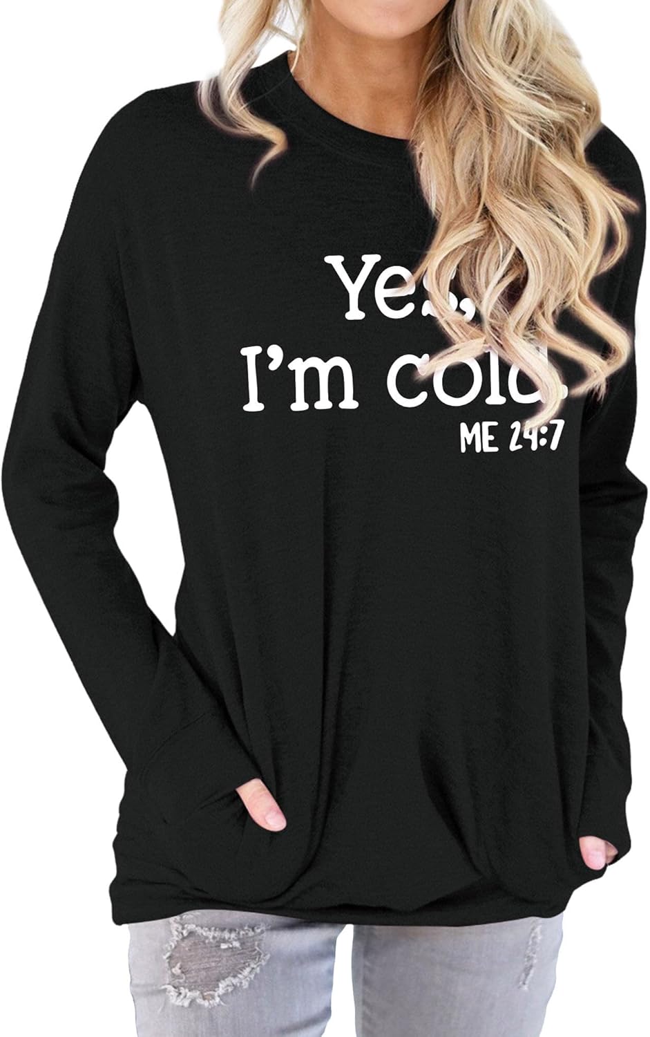 Womens Yes I'm Cold Crewneck Sweatshirt with Pockets Casual Loose Long Sleeve Shirts Graphic Comfy Sweatshirts