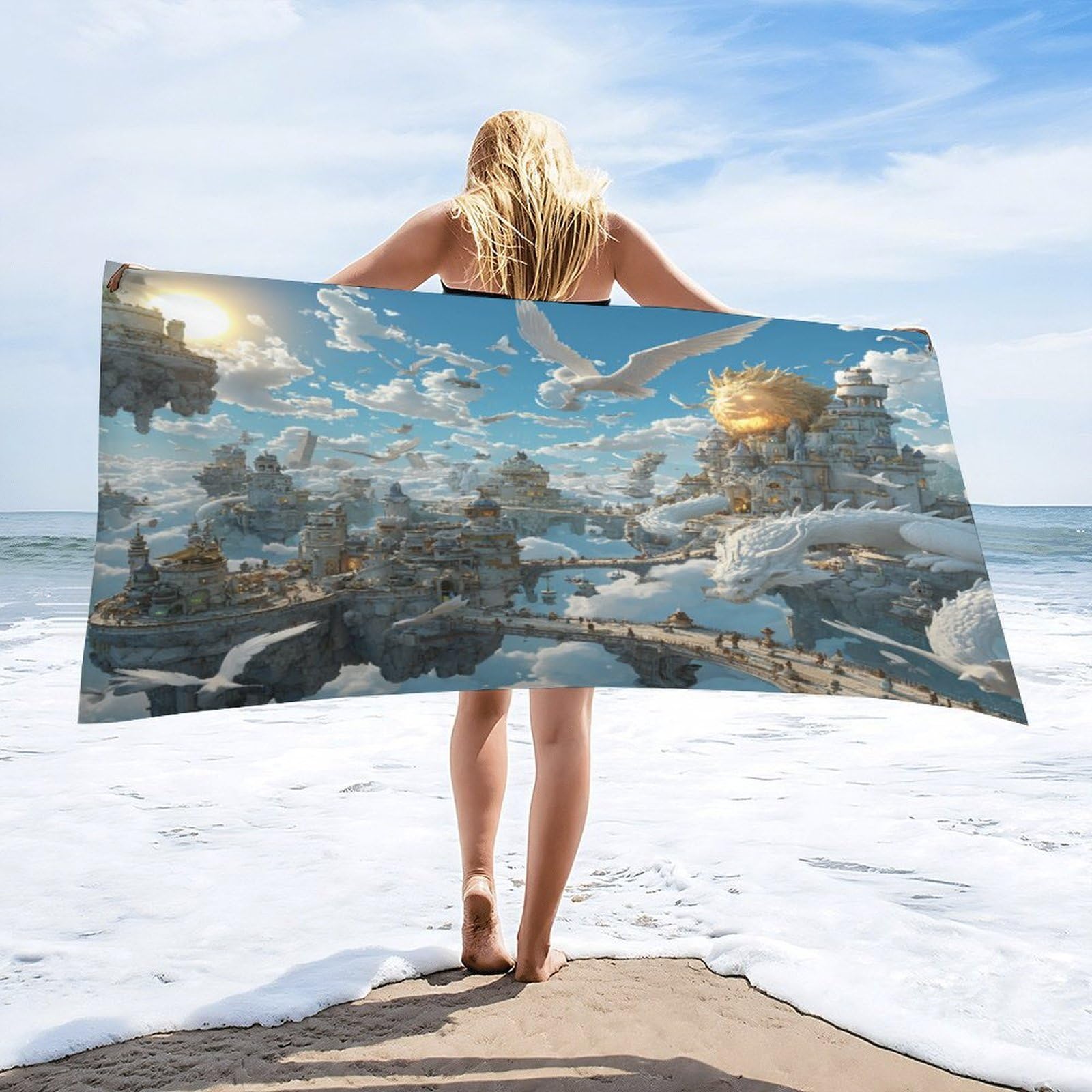 Luyysky Rustic Mysterious Fantasy Dragon Absorbent Beach Towel, Beautiful Realistic Enchanted Castle Animal Bird Lion Outdoor Single-Sided Velvet Beach Towel-80 W Cm X 160" L Cm