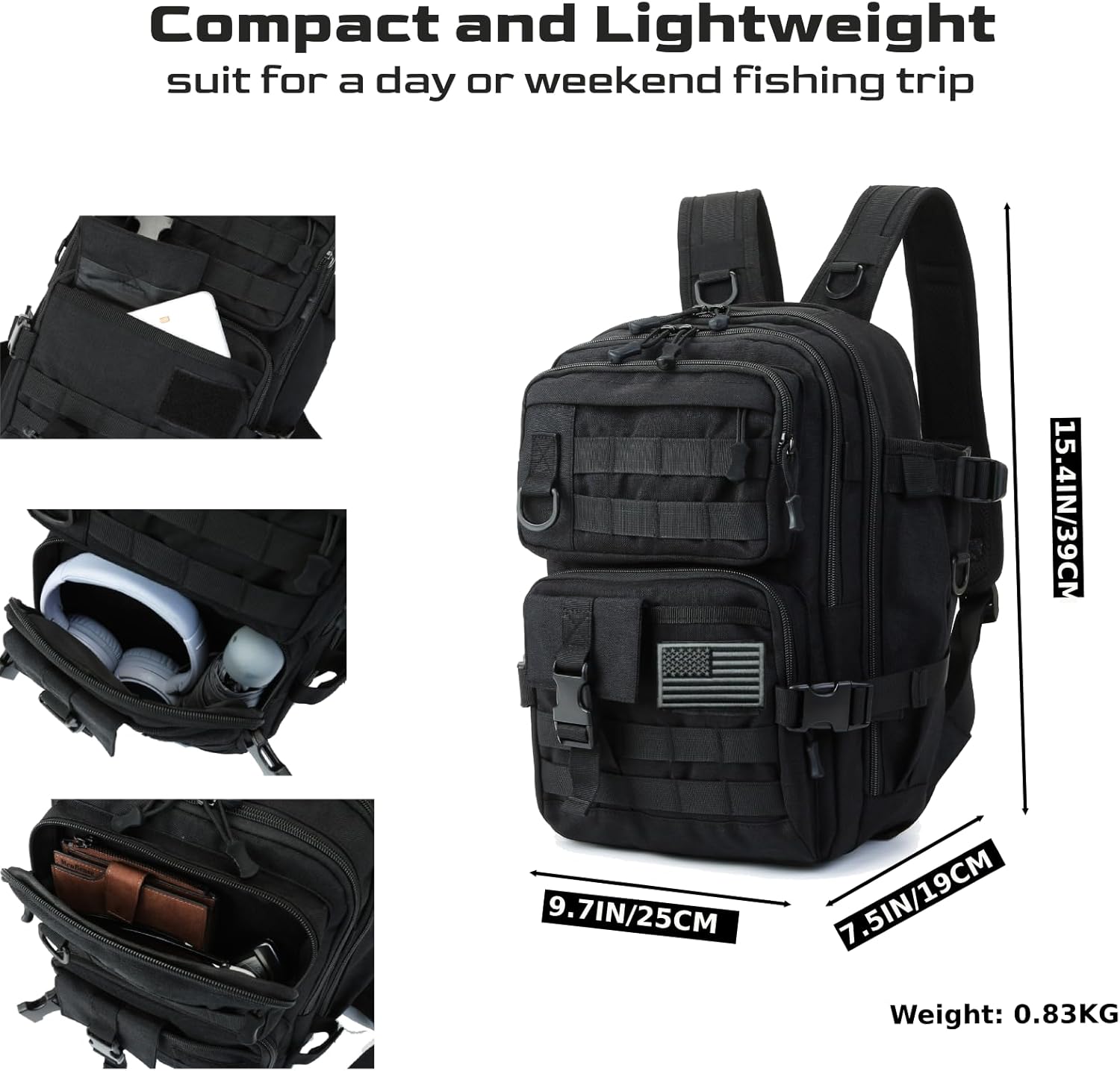 1000D Small Fishing Backpack with Flag - Compact Water-Resist Bag with Rod Holder - Storage Tackle Box, Fishing Gear Gifts (Black with Flag)