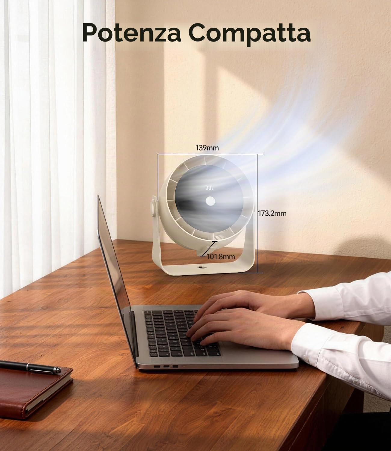 Ventilatore da Tavolo Portatile 4000mAh, 1-100 Velocità con LED Display, Silenzioso 30dB, 360° Regolabile, USB Type-C Ricaricabile – Per Ufficio, Camera, Campeggio, Sospendibile (Beige)