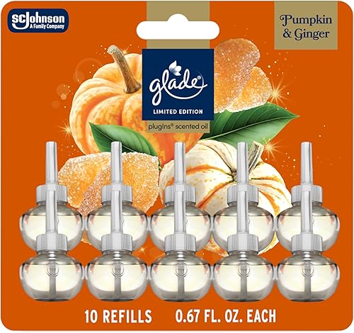 Glade PlugIns - Recambios de ambientador, calabaza y jengibre, aceites esenciales y perfumados para el hogar y el baño, 0.67 onzas líquidas, 10