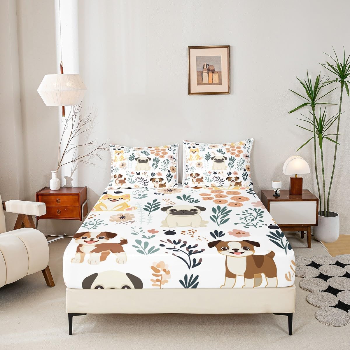 Cute Puppy Dog Fitted Sheet Kids Toddler Full - Dog and Flower Bedding Set With Botanical Plant Bed Cover - Lightweight Animal Bed Sheet (No Flat Sheet)