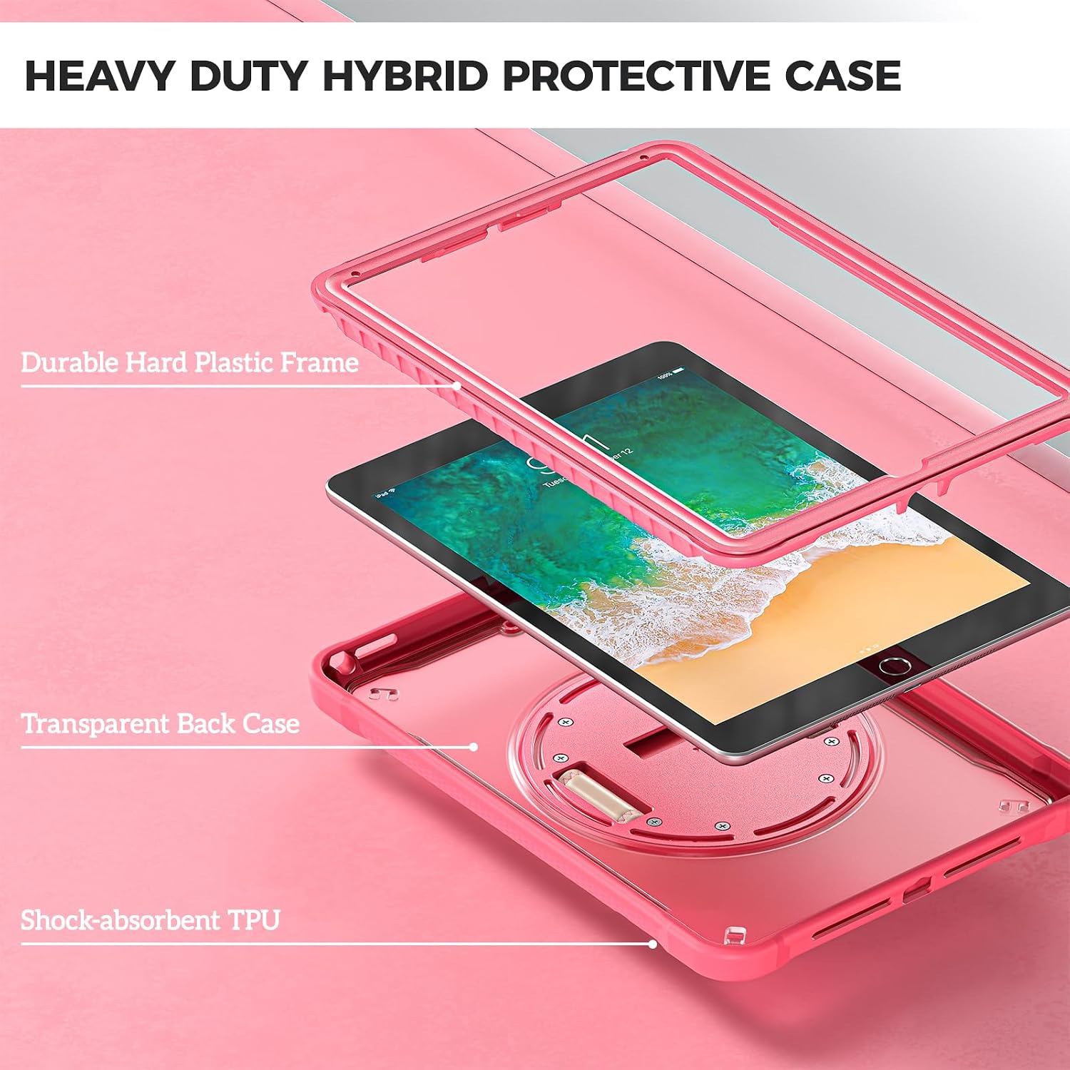 ProCase Rugged Case for iPad 9.7 Inch 5th 6th Gen/iPad Air 2 / iPad Pro 9.7 Case, Heavy Duty Shockproof Rugged Cover with Hand Strap 360 Degree Rotatable Kickstand Protective for iPad 9.7" -Melonpink
