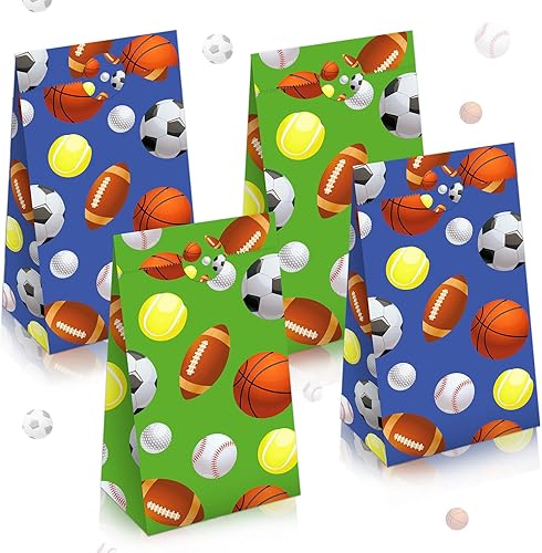 Outus 30 bolsas de papel de regalo para fiestas deportivas, bolsas de dulces, fútbol, béisbol, fútbol, baloncesto, diseño temático para cumpleaños,