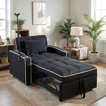 Convertible Sleeper Chair, Pull Out Chair Sleeper with Bracket and Cup Holder, 3 in 1 Sofa Bed Chairs for Adults, Chairs Bed Sleepers for Small Spaces, Living Room, Black
