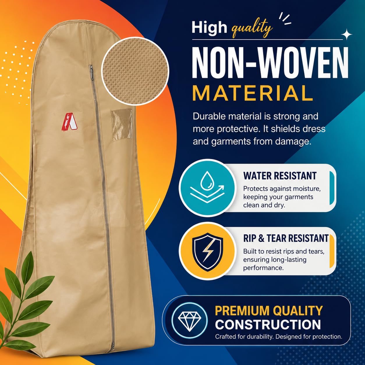 ABLE 62 Inch Wedding & Lehenga Dress Cover Garment Bag with 14 Inch Gusset, Breathable, Dust Protector, for Extra Wide Dress. Navy Blue Non-Woven Fabric Pack of 1 Pcs 1