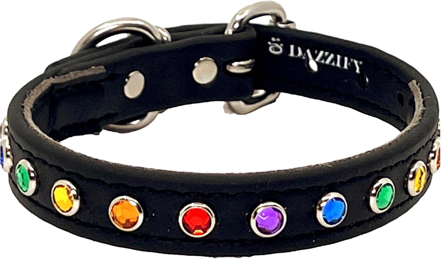DAZZIFY® by Dazzle Paws Rhinestone Dog Collar with Colorful Bling Design – Made with Waterproof & Durable BioThane – Onyx Black with Rainbow Jewels – Medium (Fits Neck Sizes 12"-16"), 3/4" Wide image 2