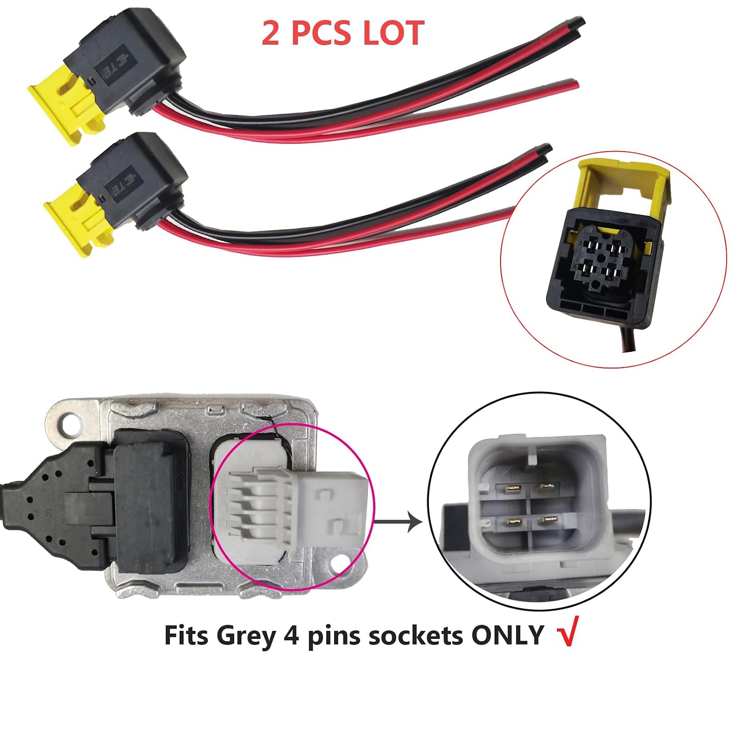 4 Pins 2pcs lot Car Waterproof Electrical Connector Plug Connect Harness Plug Socket Wiring Pigtail fits Nitrogen Oxide Sensor NOX Sensor Repair (for Grey Socket, Square 4pins Type)