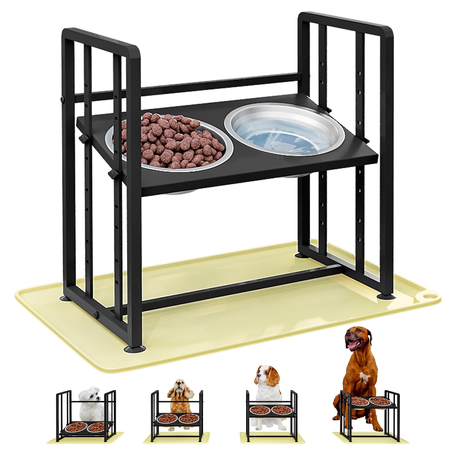 Dazioter Raised Dog Bowls 4 Height Adjustable Dog Bowl Stand Elevated Feeding Station with 2 Stainless Steel Bowl Metal Pet Food Feeder Non-Slip for Small Medium Large Dogs (with placemat)