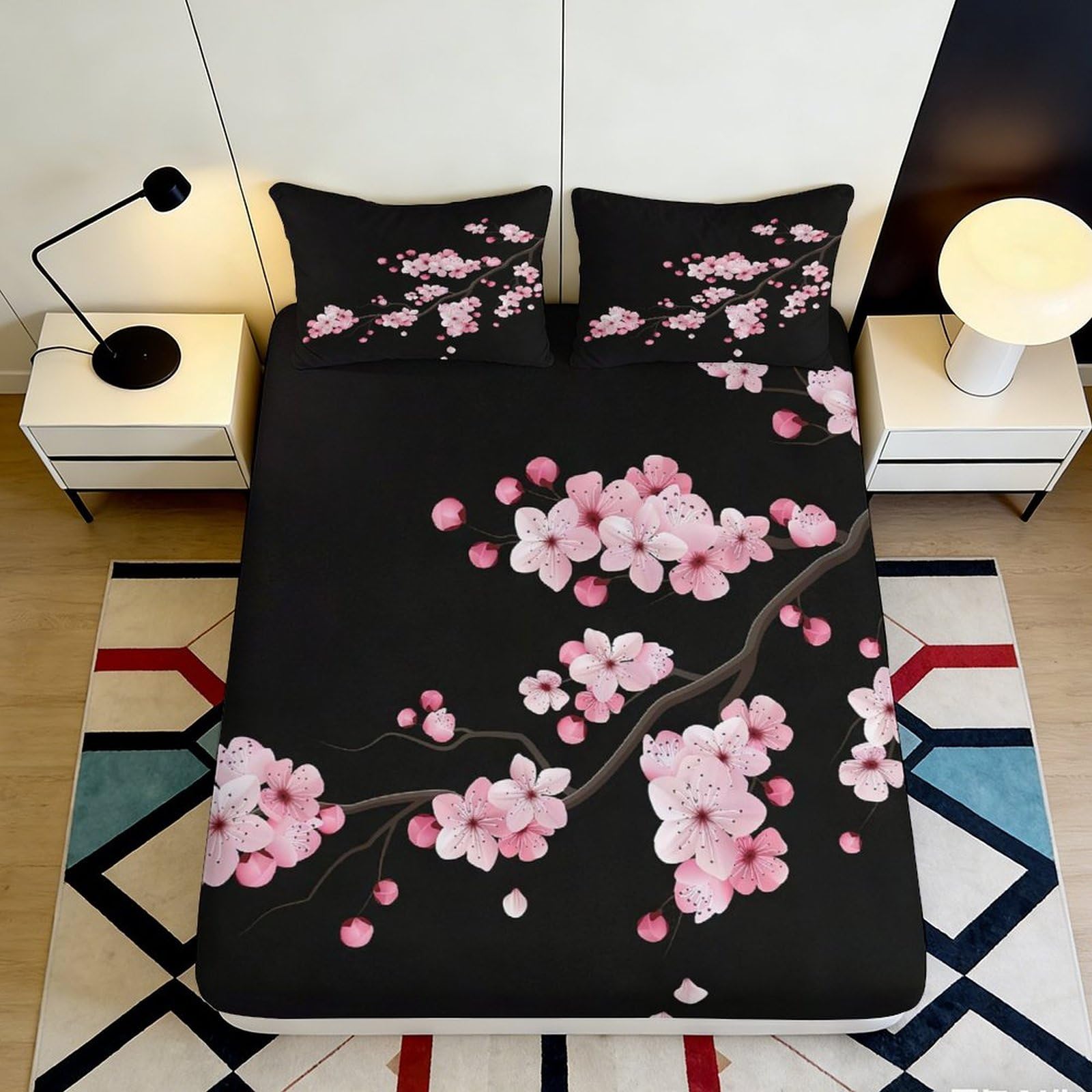 3D Printed Cherry Blossom Fitted Sheet Microfiber Soft Breathable Floral Bed Cover for Bedroom Dormitory Guest Room Mattress Protection 120x200x25cm