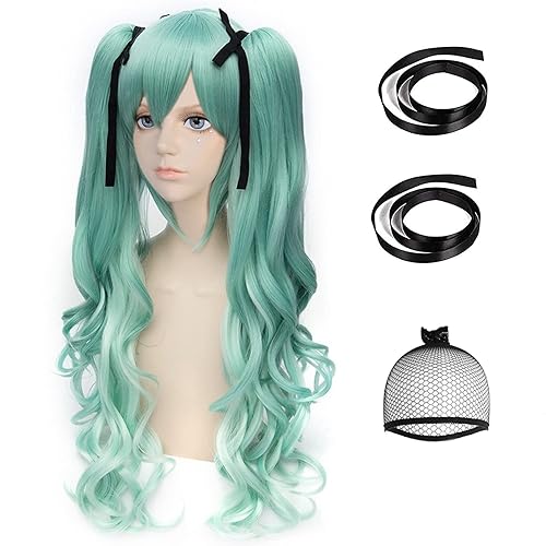 ANOGOL Long Green Cosplay Wig 4PCS Set (1 Hair Cap+2 Black Ribbons+1 Wig) With 2 Wavy Ponytails Green Costume Wig Synthetic Hair for Christmas Halloween Dress up Party - Light Green