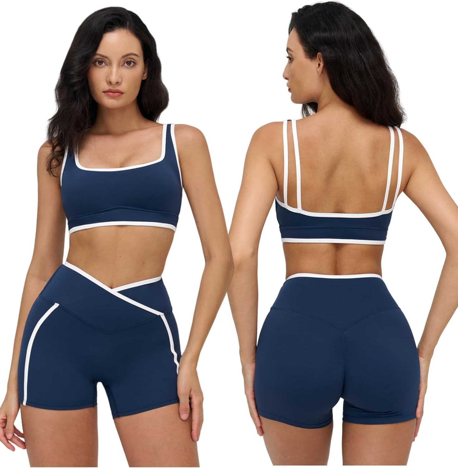 Women 2 Piece Workout Sets Backless Color Block Sports Bra High Waist Tummy Control Active Shorts Yoga Pilates Outfits