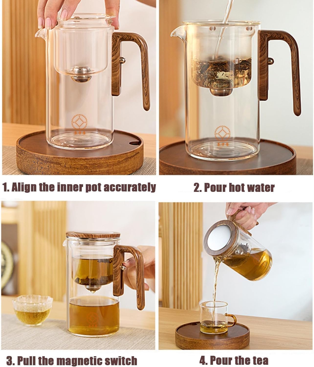 Witchcraft teapot,Enchanti Tea Pot,Magic Teapot with Infuser,Glass teapot with Strainer,Glass Teapot with Infuser,Water Separation Glass Teapot with Wooden Handle (Transparent,720ml+2*Cup)